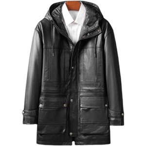 W5009海宁皮衣男头层牛皮白鸭绒羽绒服中长款连帽皮夹克P880图片