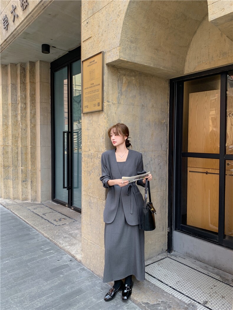 灰色高级感西装吊带裙套装2026新款女春连衣裙轻熟两件套,女装套装/套裙,2C269