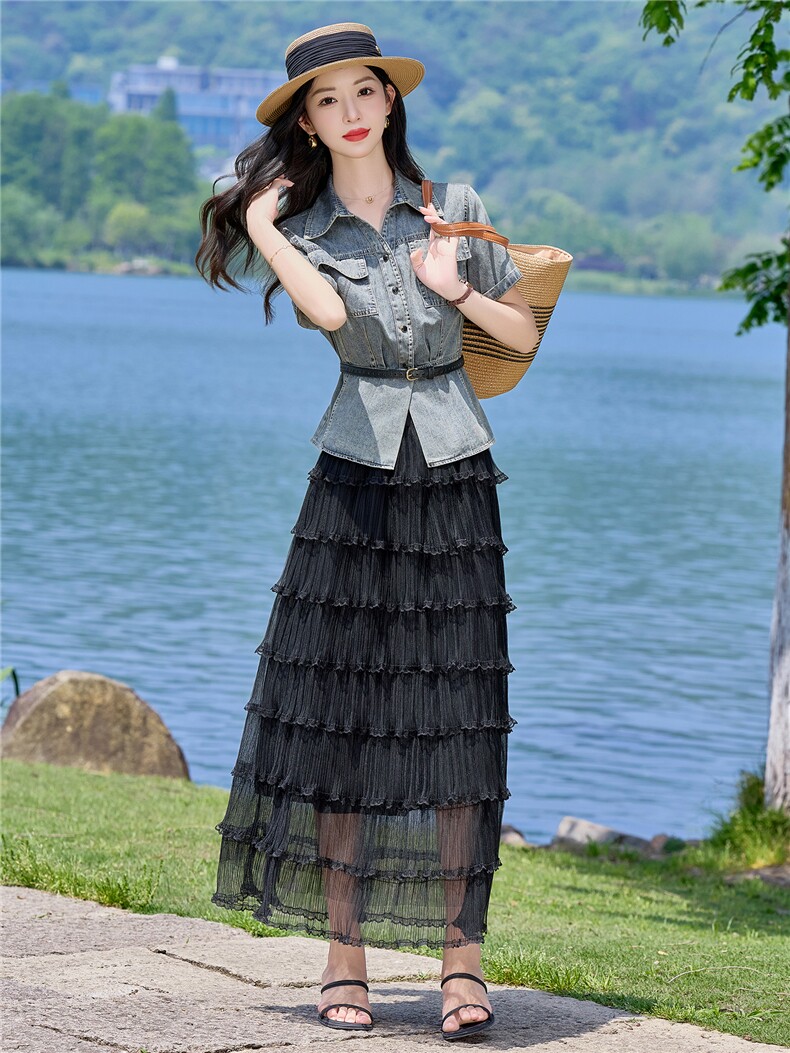 （新款现货）2026夏时尚薄牛仔短袖上衣+蛋糕纱裙两件套（配腰带,女装套装/套裙,印象茜