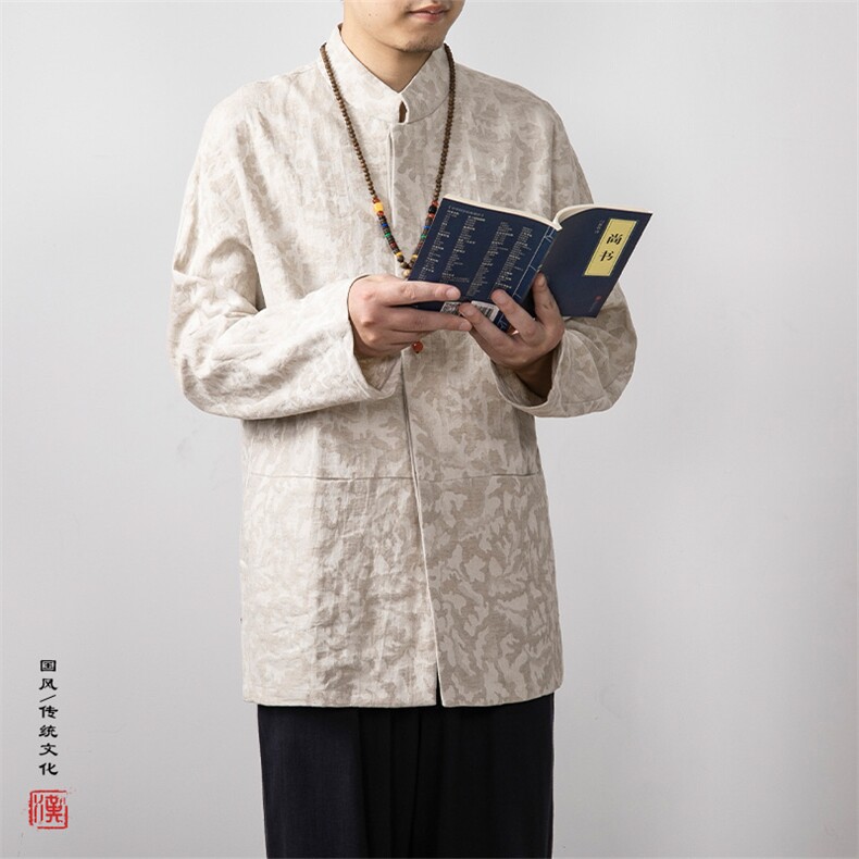秋冬新款风男装棉麻提花立领新中式唐装衬衫C285P85,男装衬衫,钱塘802