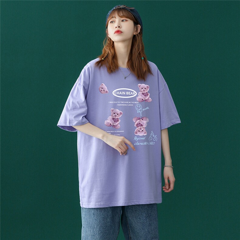 中性夏季潮流韩版紫色毛绒小熊印花宽松情侣短袖T恤T35P25控38,男装T恤,A247A