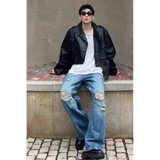 美式街头夏季破洞牛仔裤男女破坏宽松水洗直筒阔腿裤网图，男装牛仔裤，星座410-6（原星座1304-1）