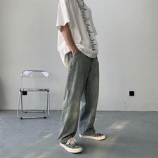 牛仔裤男潮流百搭ins港风复古裤子宽松潮牌痞帅直筒男裤7076-p40，男装牛仔裤，星座1008