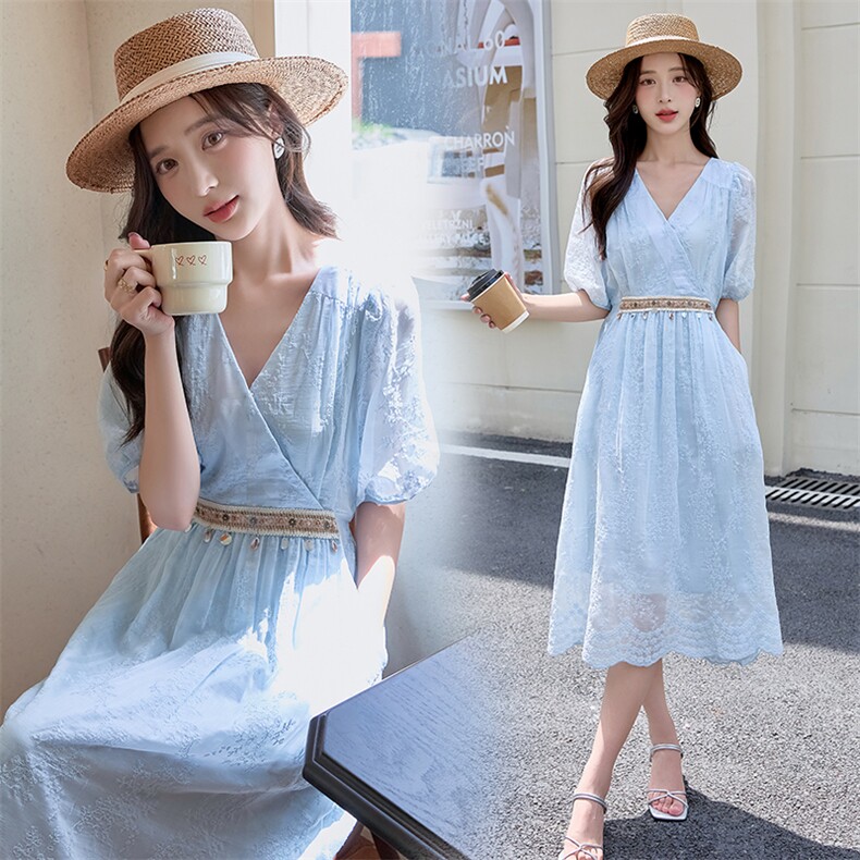 夏季连衣裙2025新款超好看独特漂亮气质海边度假蓝色收腰沙滩裙女，女装连衣裙，难舍钰依