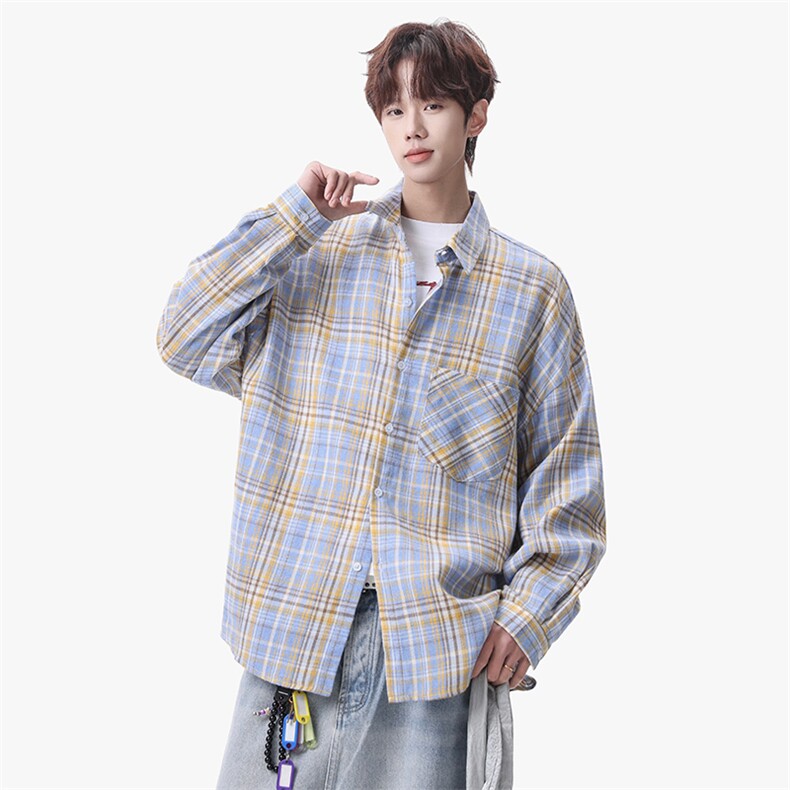 衬衫男春季新款港风宽松磨毛大码格子长袖衬衣CS606-特P28，男装衬衫，星座214-3