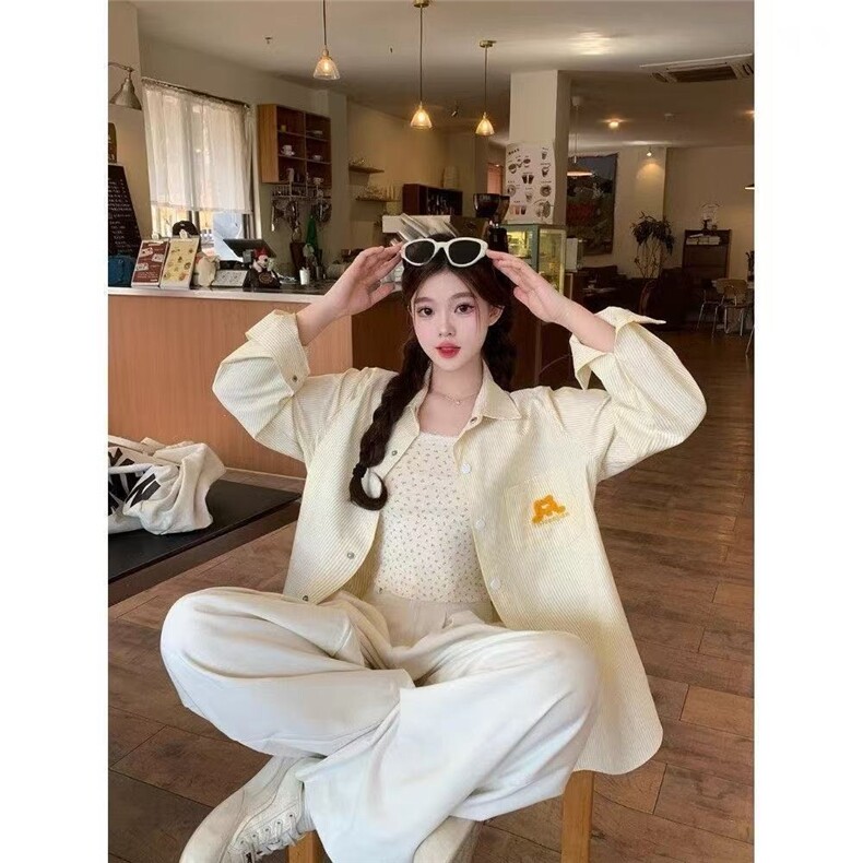 学院粉色衬衫夏季刺绣条纹开衫polo衬衣防晒外套美式穿搭宽松上衣，男装防晒衣，星座1210-1