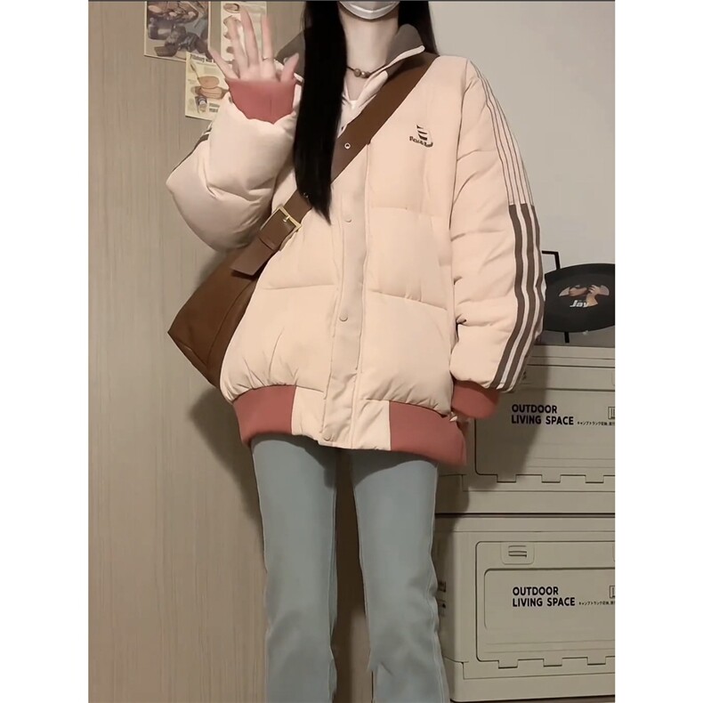小个子棉服女2026新款冬季韩系宽松学生条纹外套情侣百搭棉衣加厚,男装棉衣,星座506A