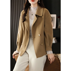 2025秋冬新款双面羊绒大衣女短款双排扣韩版宽松小个子羊毛外套，女装双面呢大衣，贝源羊绒
