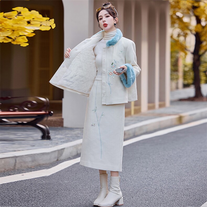 新中式套装国风女装气质减龄加厚一整套入冬穿搭夹棉毛呢两件套裙,女装套装/套裙,芷墨服饰