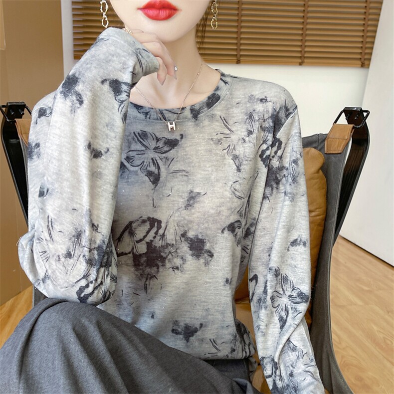 秋季新款天丝女圆领水墨画长袖正品细绒棉打底衫时尚亲肤上衣,针织衫/毛衣,羊特美羊绒