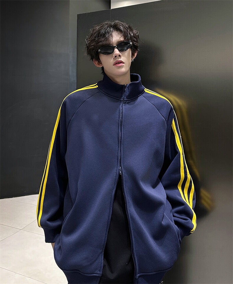 抖音得物高品质25春装重磅全棉三条杠连帽卫衣双拉链开衫外套CM34,男装卫衣,电商A486