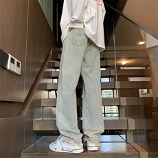 高街黄泥染水洗牛仔裤男直筒欧美破洞N06081-P45，男装牛仔裤，星座308B-1