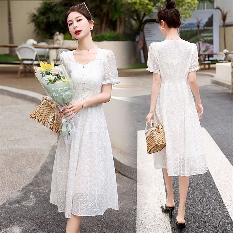 小个子法式白色雪纺连衣裙女夏季2025新款气质收腰遮肚子a字裙子，女装连衣裙，星期衣
