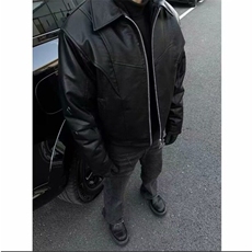 黑色高级感座山雕翻领皮衣夹克男款潮流街头痞帅短款休闲机车外套，男装夹克，星座506A