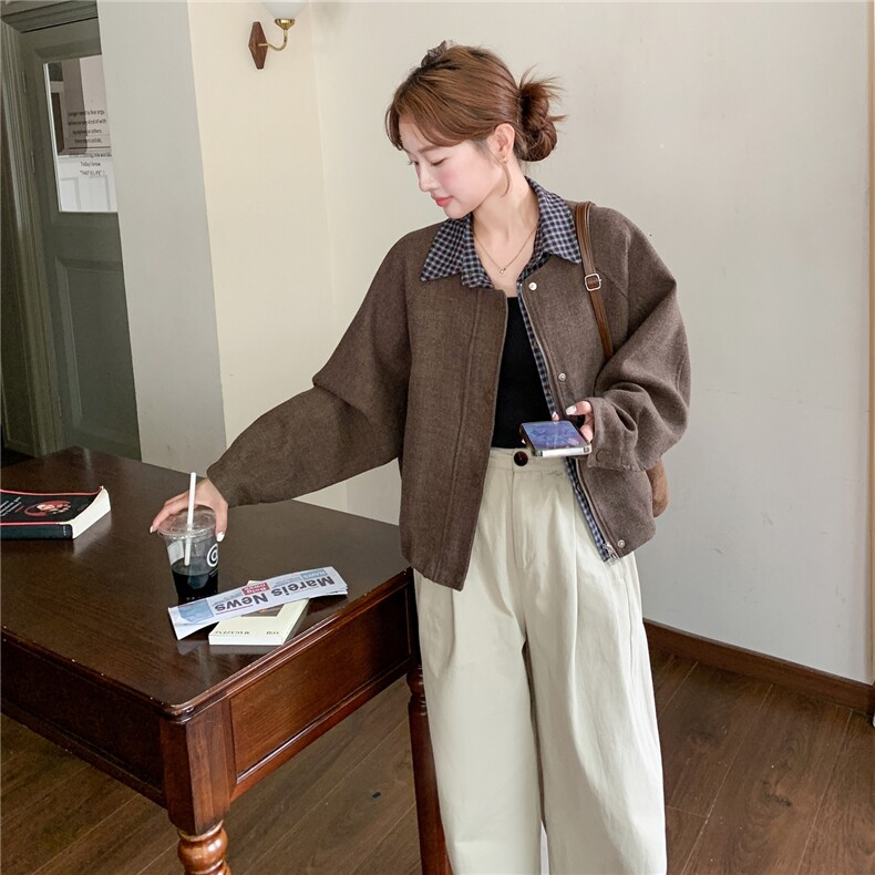 假两件拼接格纹拼接咖色毛呢外套女秋冬2025新款小个子巨好看上衣,女装短外套,2C205