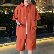ins潮流男士两件套2024夏季休闲百搭宽松创意潮牌五分袖衬衫短裤，男装牛仔裤，电商A409-1