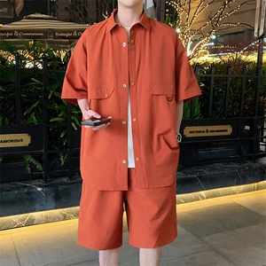 ins潮流男士两件套2024夏季休闲百搭宽松创意潮牌五分袖衬衫短裤图片