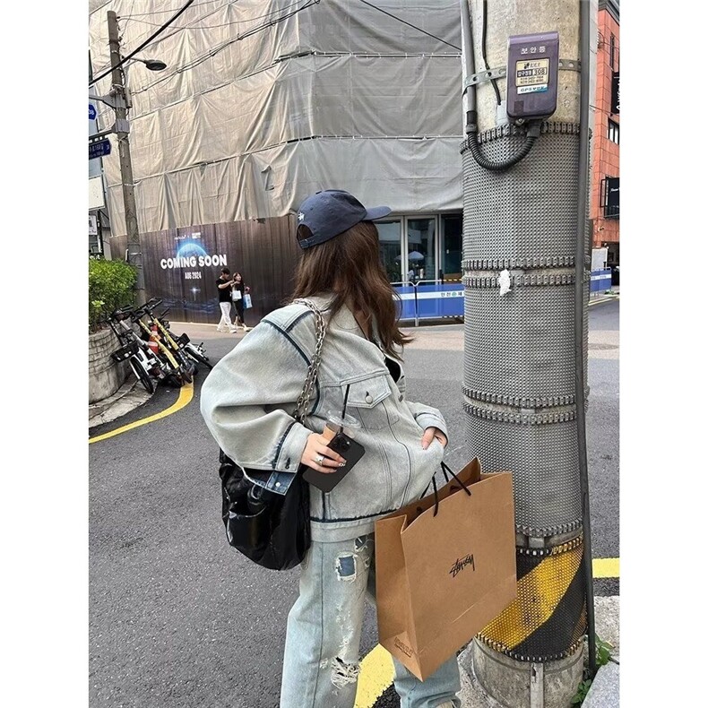 高街vibe牛仔外套女春秋港风chic潮拉链设计感小众夹克HH2567P72,男装工装外套,星座1013-5