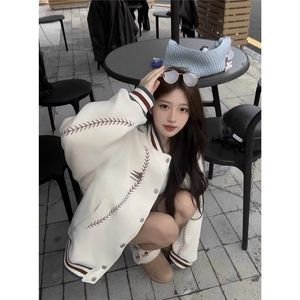 重磅三彩尼满刺绣棒球棉服ins时尚新款慵懒气质日系文艺潮流流行图片
