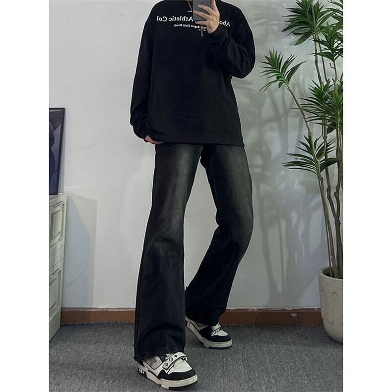 cleanfit水洗黑色修身微喇牛仔裤男美式高街欧美hiphop直筒裤子秋,男装牛仔裤,星座310A-4