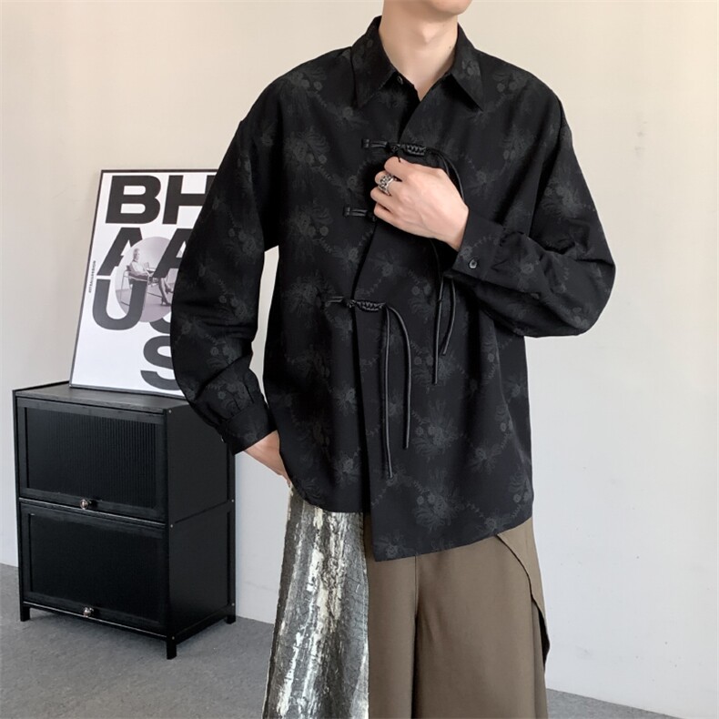 秋季新中式汉服暗纹不对称男女唐装汉服印花复古上衣盘扣长袖外套,男装民族服装,星座909