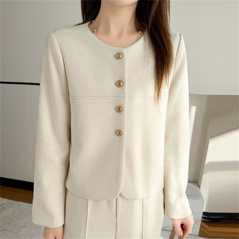 2025时尚百搭通勤新款人字纹毛呢圆领西装外套，女装套装/套裙，九戎