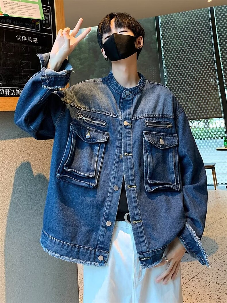 设计感毛边牛仔外套男短款韩版宽松休闲上衣青年大口袋夹克潮,男装夹克,星座601-2