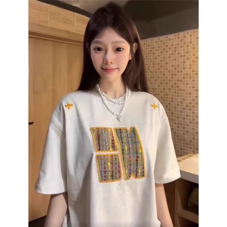 藏青色刺绣高级感情侣款重磅短袖T恤男女春夏季美式复古半袖上衣,男装T恤,星座506A