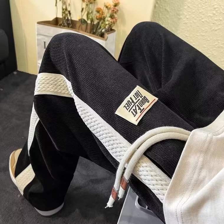 拼接条纹裤子男春秋季美式复古潮流宽松直筒休闲裤高街ins长裤K41,男装休闲裤,星座310B-1