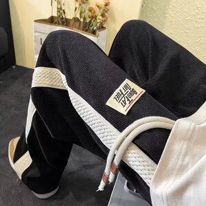 拼接条纹裤子男春秋季美式复古潮流宽松直筒休闲裤高街ins长裤K41图片