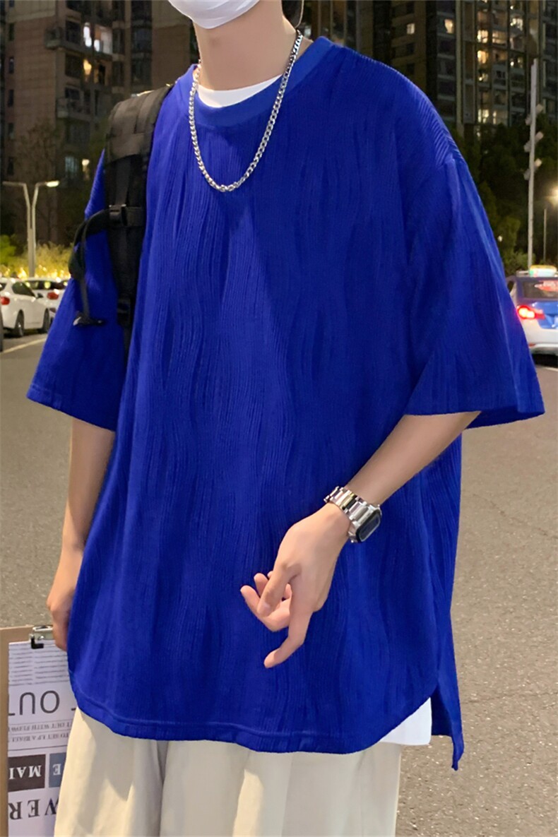 T6058/P35高品质港风垂感冰丝短袖T恤男装潮宽松克莱因蓝上衣控48,男装T恤,电商A141