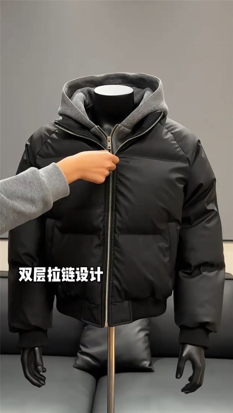 网图美式假两件pu皮短款棉服男款冬季加厚工装棉袄连帽外套特P89,男装皮衣,电商C306-1