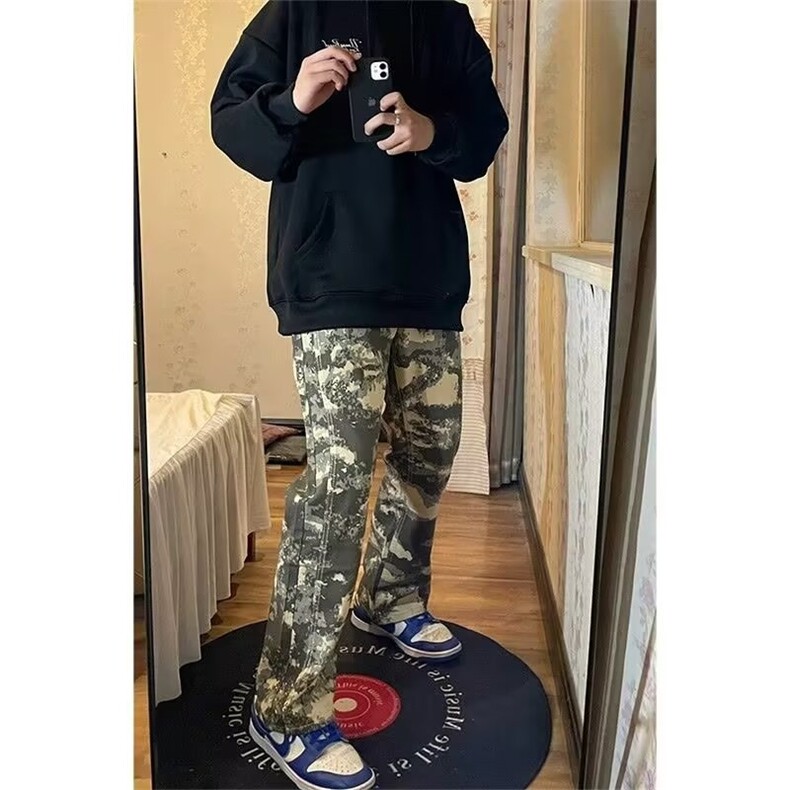 二更潮牌欧美街头牛仔裤子男春秋季美式高街迷彩休闲宽松直筒长裤,男装牛仔裤,星座218-1（原230）