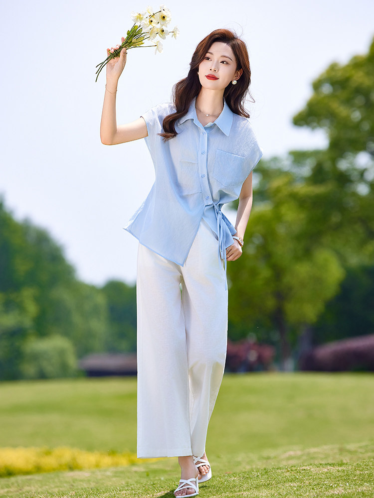 时尚休闲套装女夏季薄款2025新款高级感减龄短袖衬衫阔腿裤两件套,女装套装/套裙,靓衣阁