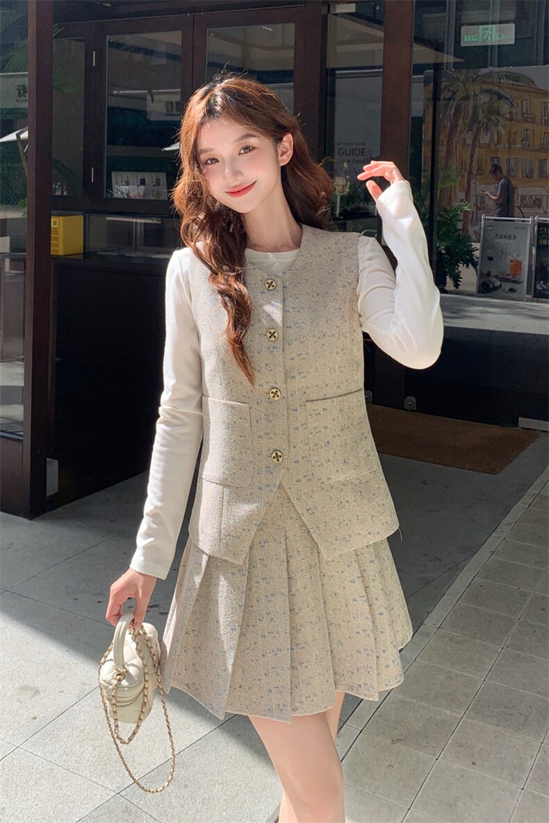 碎花西装马甲百褶短裙套装女2025春秋季新款学院风减龄显瘦两件套,女装套装/套裙,秋水欣儿