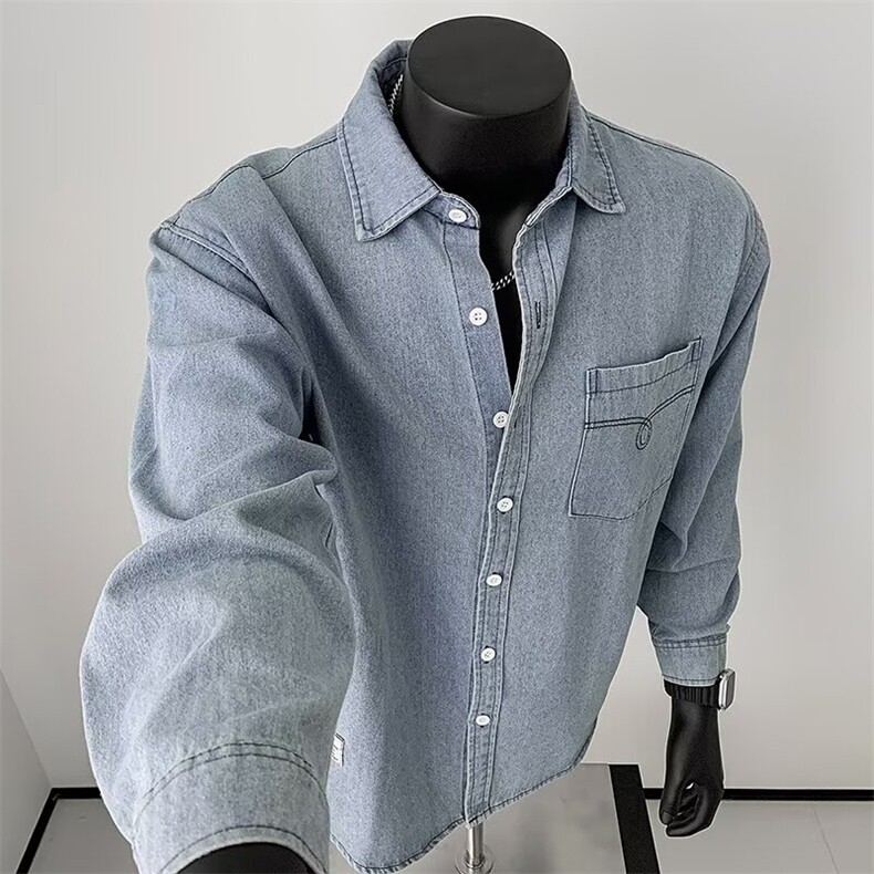 日系复古牛仔衬衫男长袖春秋季潮牌水洗宽松休闲翻领衬衣外套潮搭，男装衬衫，星座302B