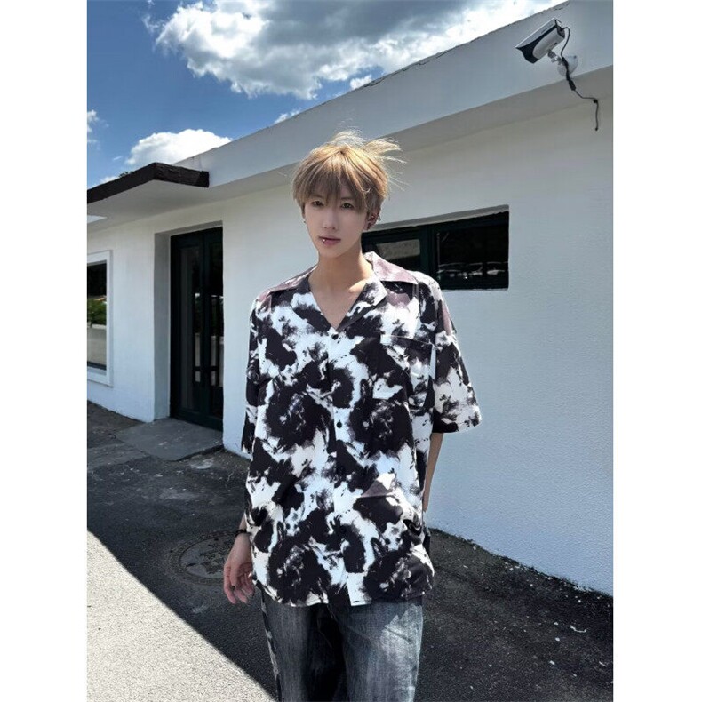 DCS10-P35夏季韩宽松高级感短袖衬衫男潮流痞帅水墨免烫衬衣潮,男装衬衫,星座603-2