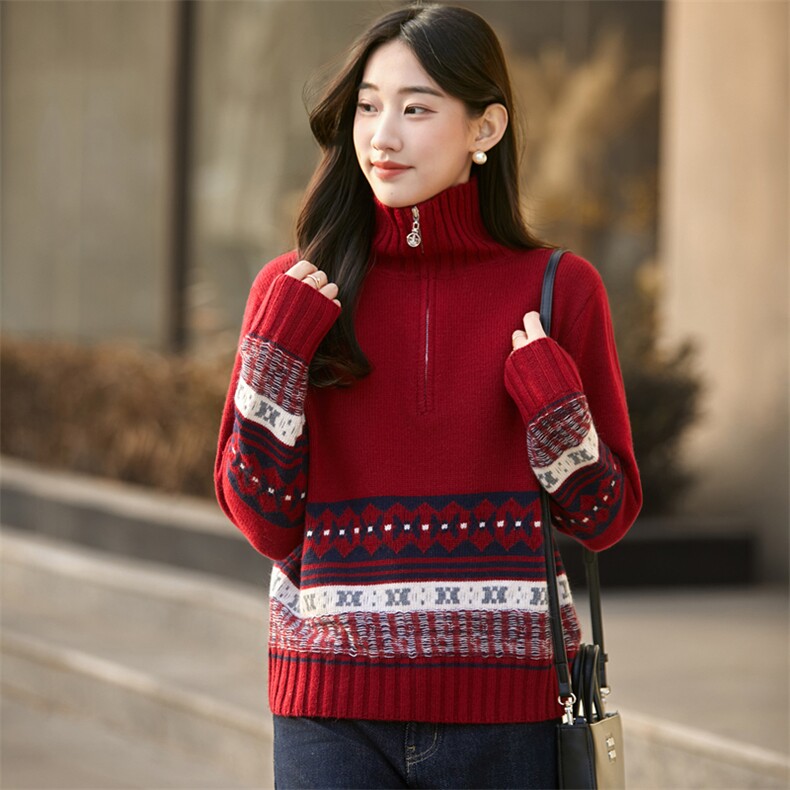 2025年秋季时尚百搭通勤简约休闲半拉链民族风，女装羊毛衫，晨旭羊绒