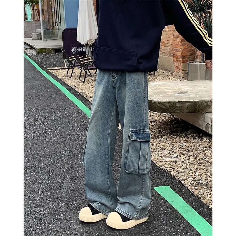 美式水洗大口袋工装牛仔裤男春秋季潮牌复古宽松休闲百搭直筒裤子,男装牛仔裤,星座410-7