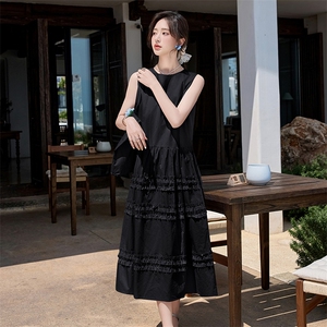 BAO韩系木耳边圆领层次无袖女2025夏季新款减龄显瘦加包包背心裙图片