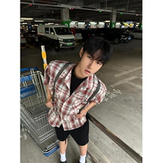 格子衬衫男夏季美式复古翻领短袖高级感潮牌廓形外套C201，男装衬衫，星座1116A（原606A-3）