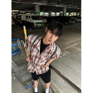 格子衬衫男夏季美式复古翻领短袖高级感潮牌廓形外套 C201图片