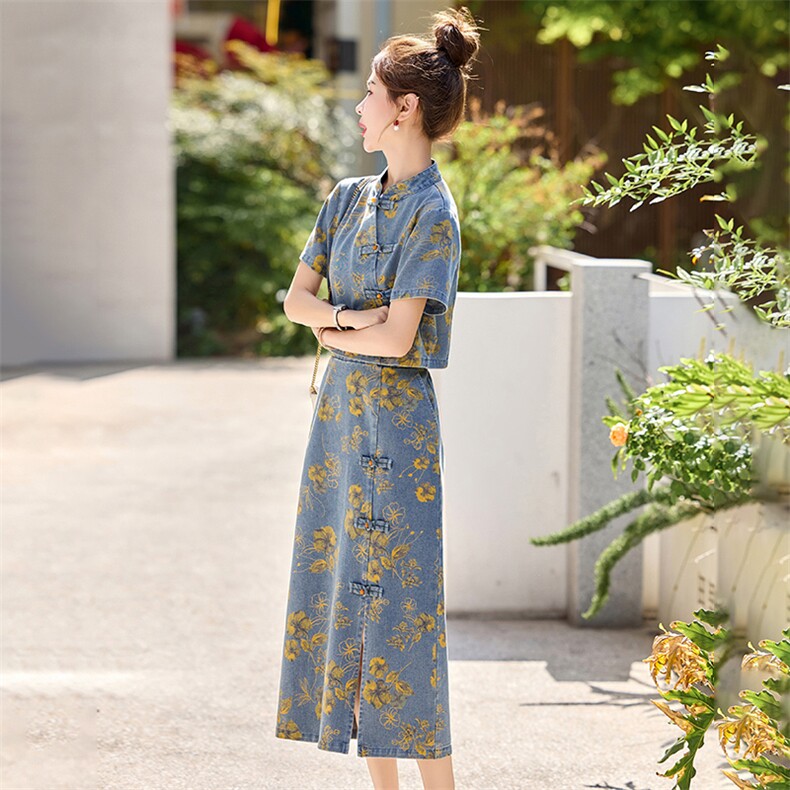 新中式盘扣牛仔套装裙女2025年夏季新款复古印花半身裙两件套,女装套装/套裙,关键词