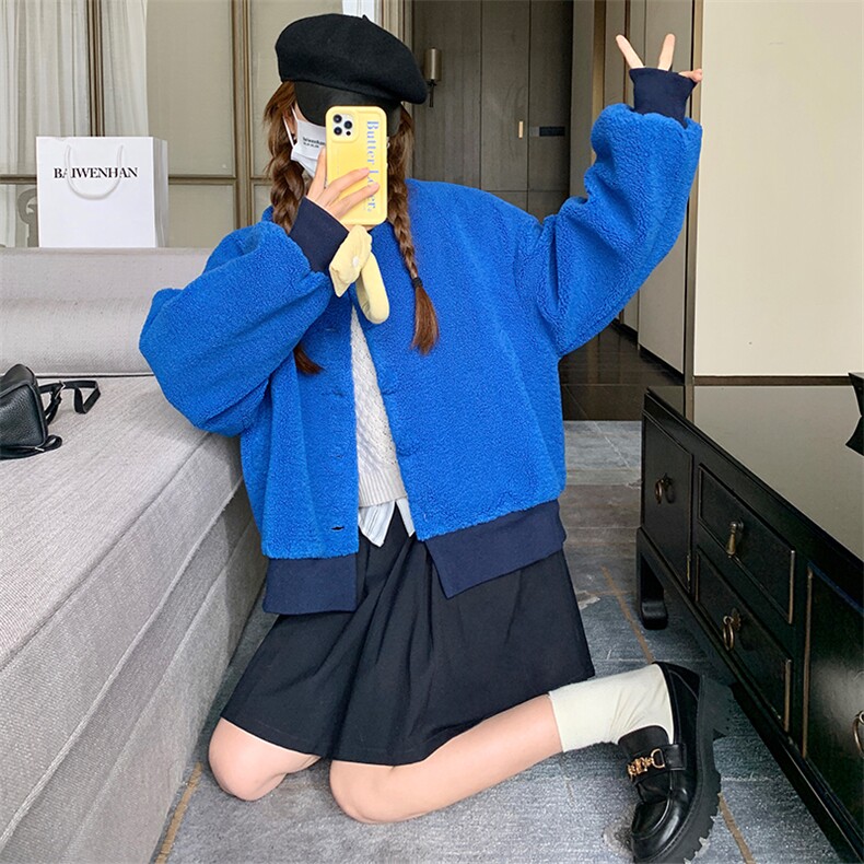 蓝色羊羔毛棒球服外套女2024冬季新款学院风宽松休闲加厚夹克上衣,女装短外套,浙宝276（原081）