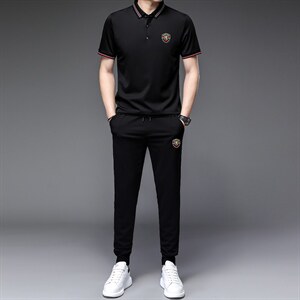 套装男短袖2023夏季款长裤上衣休闲服饰小脚束脚裤夏圆领打图片