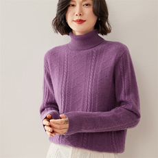 2024秋冬新款女士套头高翻加厚保暖羊绒衫针织上衣绞花，女装羊绒衫，德尔信羊绒
