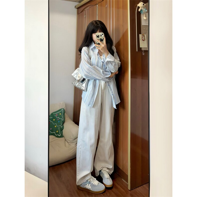 【有货】蓝色条纹衬衫男女款秋季美式复古长袖衬衣外套C152HH-P40,男装衬衫,星座1007（原301D）