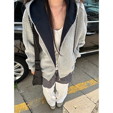 抖音得物二开美式高街重磅结构双层撞色连帽卫衣开衫外套W116，女装短外套，电商A486-1