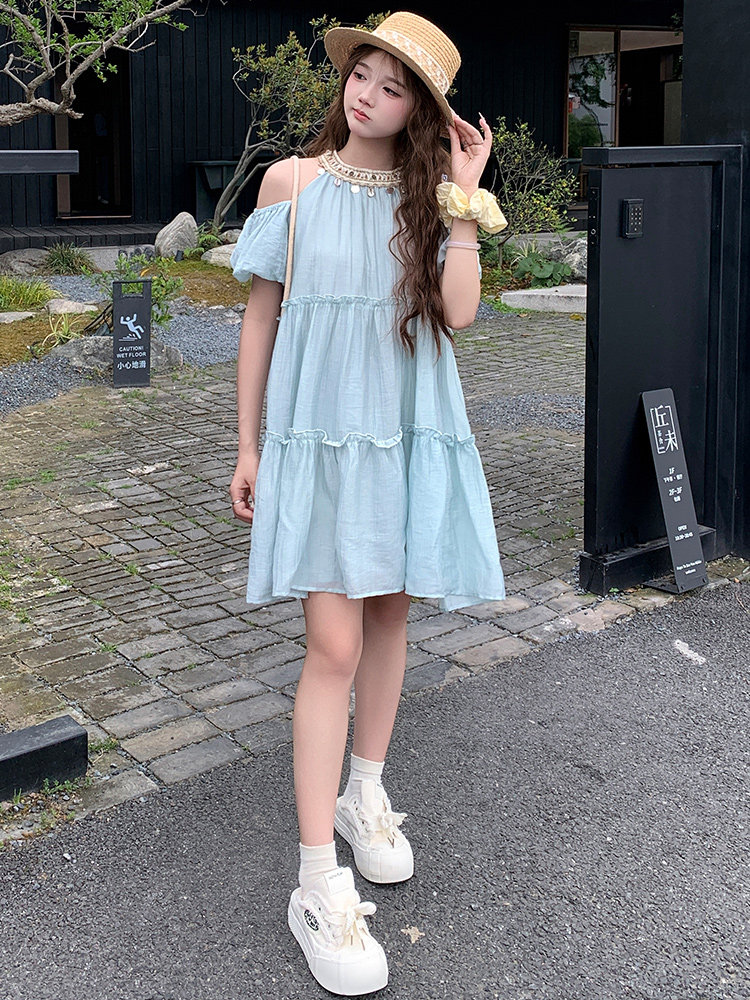 法式绝美超仙露肩连衣裙女2025夏季新款超好看亮片拼接度假风裙子,商品下架区,网红馆