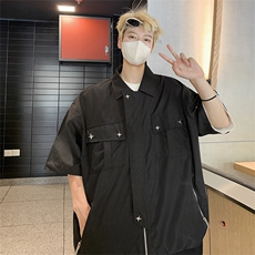港风复古宽松版工装衬衫短袖夏季薄外套大口袋衬衣CS01262-P50，男装衬衫，星座308B-1
